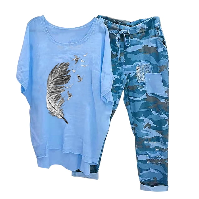 Ensembles Assortis pour Femmes Imprimé Col Ras du Cou Manches Mi-Longues Chandail à Enfiler Hauts + Pantalon Ensemble de Pantalons Femmes Ensembles d'Entraînement en Liquidation