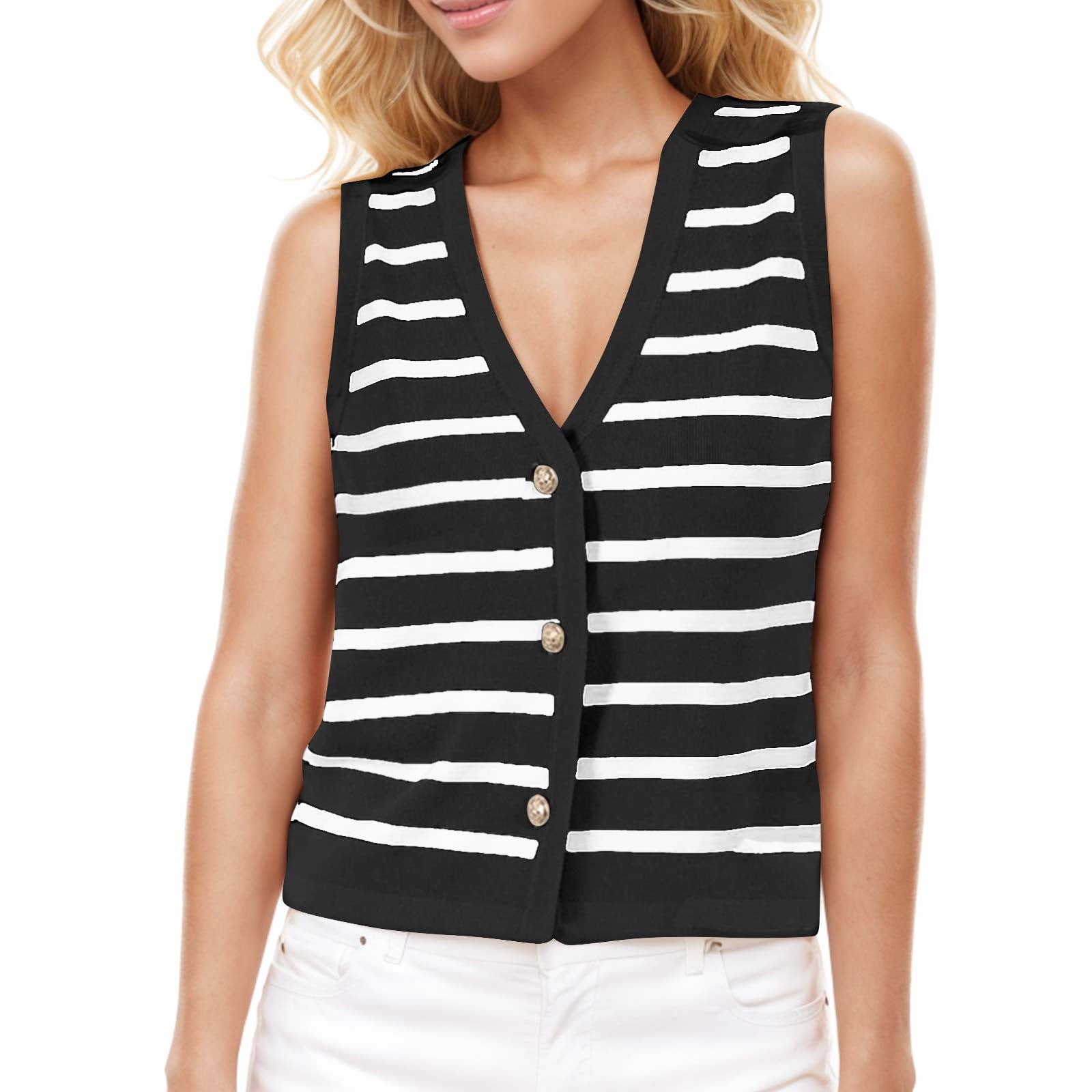 LOVZFMLL Camisoles pour Femmes Cardigan Décontracté Ample à Boutons Chandail à Rayures à Col en V