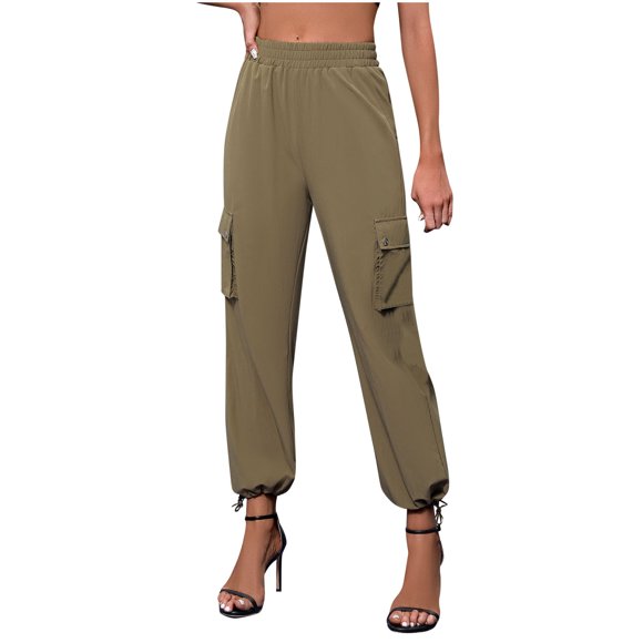 HAiming Womens Cargo Pants Casual Elastic Waist Trouser with Pockets Workwear Pants Travel Jogging Workout and Gym Solid Color