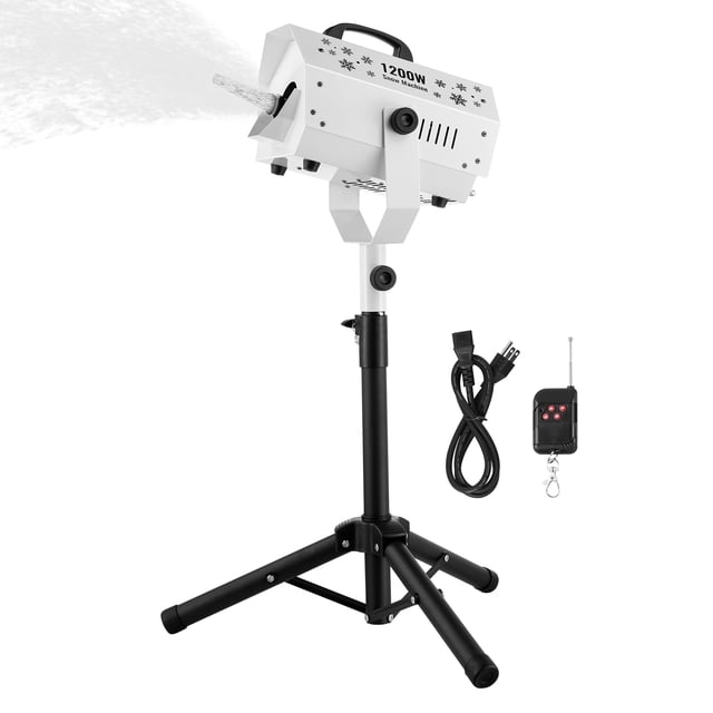 VEVOR Snow Machine 1200W Snow Making Machine with Height Adjustable Stand, featuring a white metal body mounted on a black adjustable tripod stand. Includes a remote control and power cord. Designed for creating realistic snowfall effects with a spray distance of 15.75 ft and a coverage area of 20㎡. Ideal for stage performances, weddings, and events.