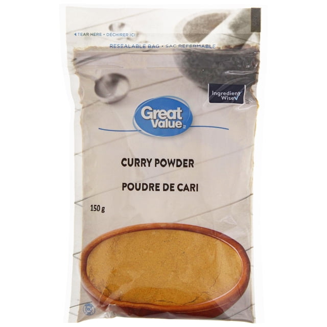 Great Value Curry Powder 150 g in a resealable bag with a clear front showing fine yellow curry powder in a wooden bowl illustration, bilingual English and French text, and Ingredient Wise certification, suitable for seasoning meats and vegetables.