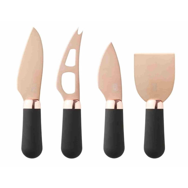 Taylor Eye Witness Brooklyn Rose Gold 4 Pc Cheese Knife Set featuring four precision ground rose gold titanium plated blades with black santoprene soft grip handles, including 5.75-inch hard cheese knife, 5.5-inch soft cheese knife, 5-inch parmesan knife, and 4.5-inch bell cheese knife, designed for smooth cutting and easy maintenance.