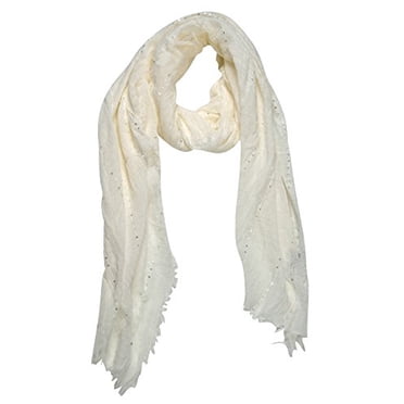 Peach Couture Foulard à Franges en Tricot Tissé Transparent Bohème à Paillettes Scintillantes pour Femme (Crème)