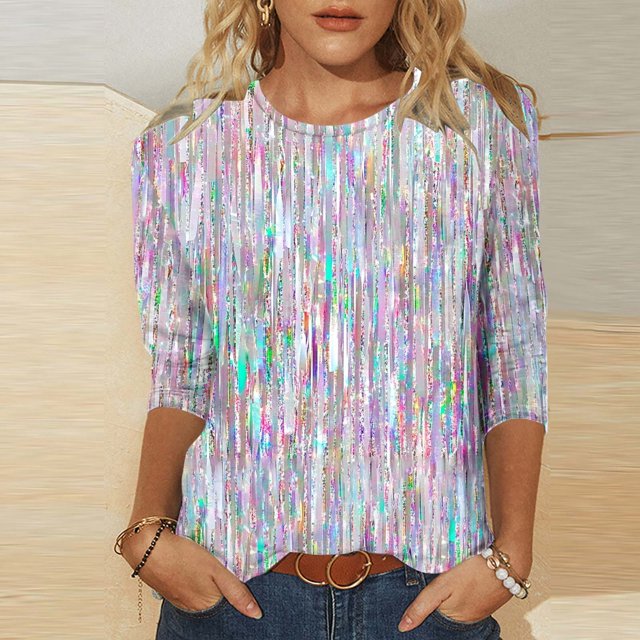 UPPADA Blouses pour Femmes Grande Taille à Manches 3/4, T-Shirts à Imprimé Floral Teintable, Chemises Décontractées Tendance à Col Rond, Chandails Confortables à Enfiler, Hauts Blouses Mignons d'Été pour Femmes, Hauts à Manches 3/4 en Liquidation