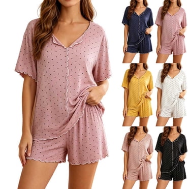 Jovati Pajama Set for Women, Polka Dot Print Modal Cotton Blend V-Neck Sleeveless Top with Elastic Waist Short Pants, Loose Fit Loungewear