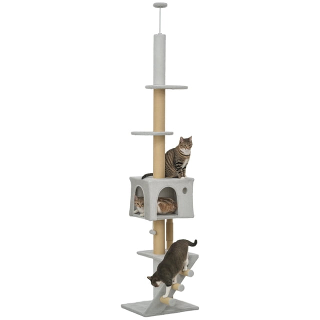PawHut Floor to Ceiling Cat Tree 89"-104" Adjustable Height, Light Grey
