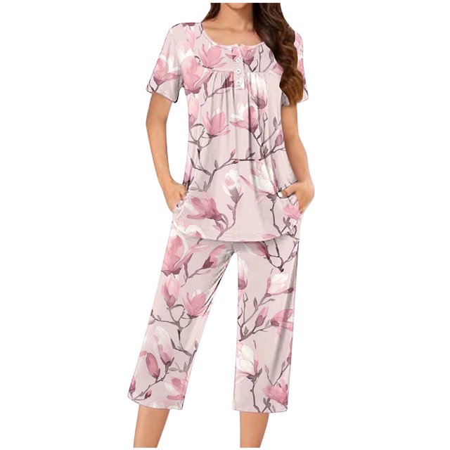 Rbaofujie Chemises de Nuit pour Femmes Femmes Décontracté Col Rond Manches Courtes Blouse Pantalon Mode Pyjama Ensemble Pyjama pour Filles