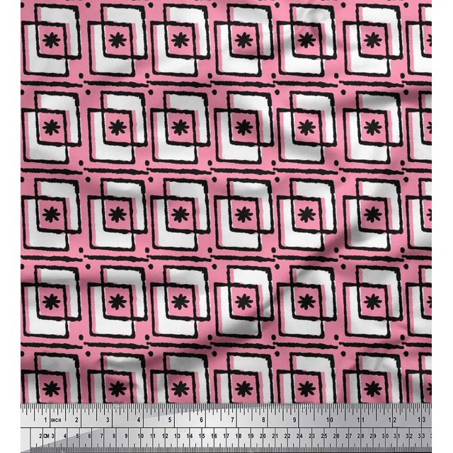 Soimoi Polyester Crepe Fabric Square & Floral Block Print Fabric by The Yard 42 Inch Wide