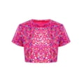 thumbnail image 1 of Haitryli T-Shirt Court à Manches Courtes pour Filles, Imprimé Coloré, Métallique Brillant, Col Rond, Costume pour Danse et Spectacle, Rose Vif 160, 1 of 7