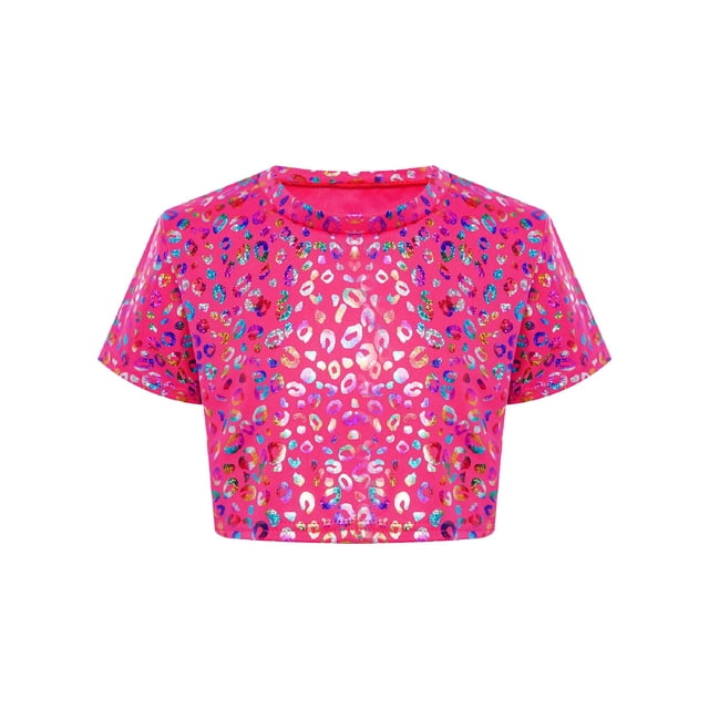 Haitryli T-Shirt Court à Manches Courtes pour Filles, Imprimé Coloré, Métallique Brillant, Col Rond, Costume pour Danse et Spectacle, Rose Vif 160