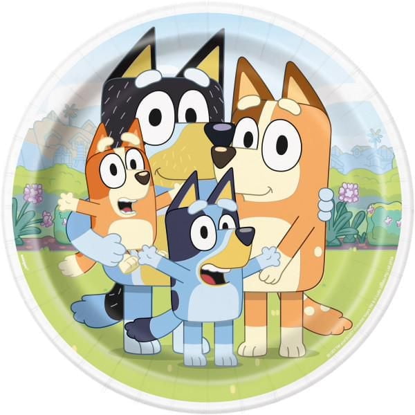 Bluey Round 9" Dinner Plates, 8ct featuring disposable paper plates printed with Bluey Heeler, Bingo Heeler, and their parents in a garden scene with flowers and houses, perfect for Bluey themed parties and quick cleanup as disposable tableware.