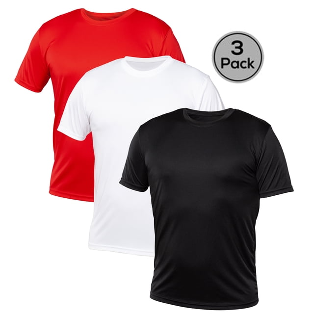 Blank Activewear Lot de 3 t-shirts pour Hommes en Couleurs Rouge, Blanc et Noir, Fabriqués en Tissu à Séchage Rapide 100 % polyester. Ces t-shirts de performance à Manches Courtes à Col Rond Offrent une Technologie Qui Évacue l'Humidité, Respirante et Anti-Accrocs. Conçus pour la Course, les Entraînements et l'Usage Quotidien, le Tissu Léger 140 G/m2 Assure Confort et Durabilité avec des Coutures à Double Aiguille et des Coutures d'Épaule Renforcées. Vendus en Lot de Trois.