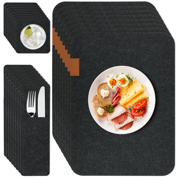 HLONK Placemats Set of 8 Washable Felt Place Mats with Coasters and Cutlery Bags Heat Resistant Dining Table Mats Practical Dining Place Reusable Table Mats for Home Kitchen Party