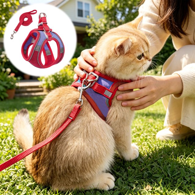 Pet Harness and Leash Set, Breathable Mesh Vest with Adjustable Straps, Color Block Dog Cat Walking Strap, Polyester, Orange/Pink/Red/Green/Blue, 1 Set