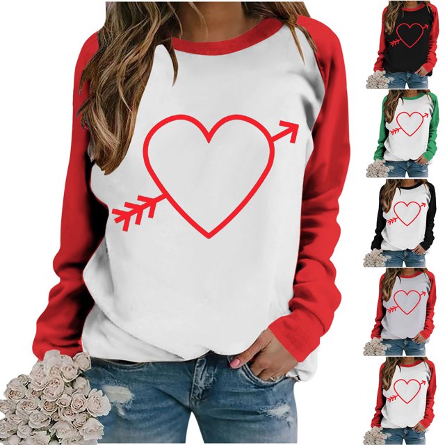 Yuyuzo Chandail à Col Rond pour Femmes à Blocs de Couleur Saint-Valentin chandail Mignon avec Cœur Imprimé Manches Longues