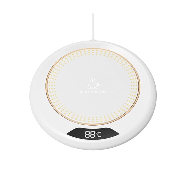 Coffee Warmer For Desk Mug Warmer with LED display and auto shut-off feature, designed to keep beverages warm. The round white ABS surface features a gold dotted pattern and a digital temperature display. Compact size of 4.72×4.72 inches, suitable for most cups, ideal for warming coffee, tea, or hot chocolate at home or in the bedroom.