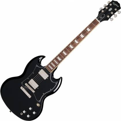 Epiphone SG Standard - Guitare Électrique en Ébène avec Sac, Corps en Ébène Centré Orienté vers l'Avant avec Corps en Acajou Brillant à Double Découpe, Touche de Laurier Liée avec Incrustations de Trapèze Perloïde et 22 Frettes Moyennes jumbo, C Minceur Encollé en Acajou, Micros humbucking à Double ProBucker avec Commandes Individuelles de volume et de Tonalité et Bascule Tridimensionnelle, Pont LockTone Tune-O-Matic avec Queue-de-Pie,