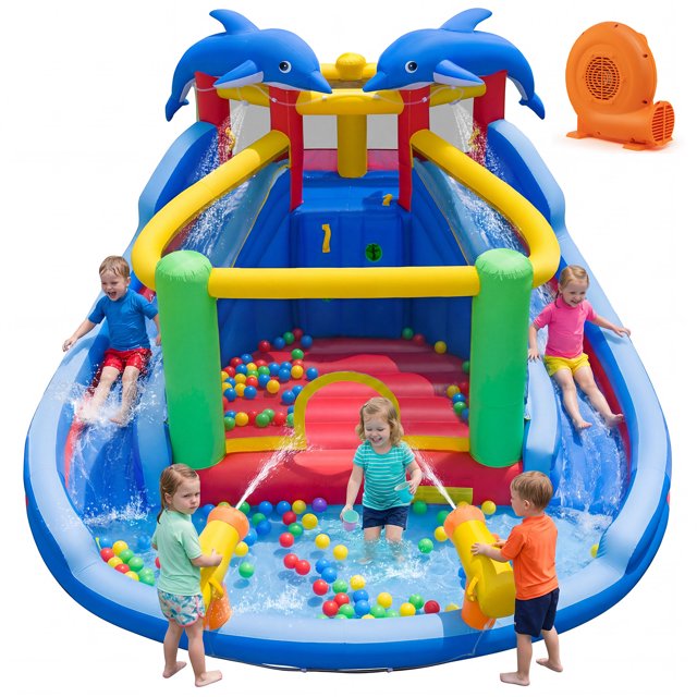 Gymax Inflatable Water Slide Park w/Double Slides Jumping Area 750W Blower for Yard