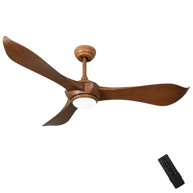 Gymax 52 Inch Ceiling Fan with Light featuring a reversible DC motor, 6 wind speeds, and an 8-hour timer. The fan has three walnut-finished ABS blades and includes a remote control for easy operation. It offers three light color temperatures and is suitable for rooms sized 20ft x 20ft to 25ft x 25ft. The fan can be mounted with a 5-inch or 10-inch downrod and supports angled installation up to 30 degrees.