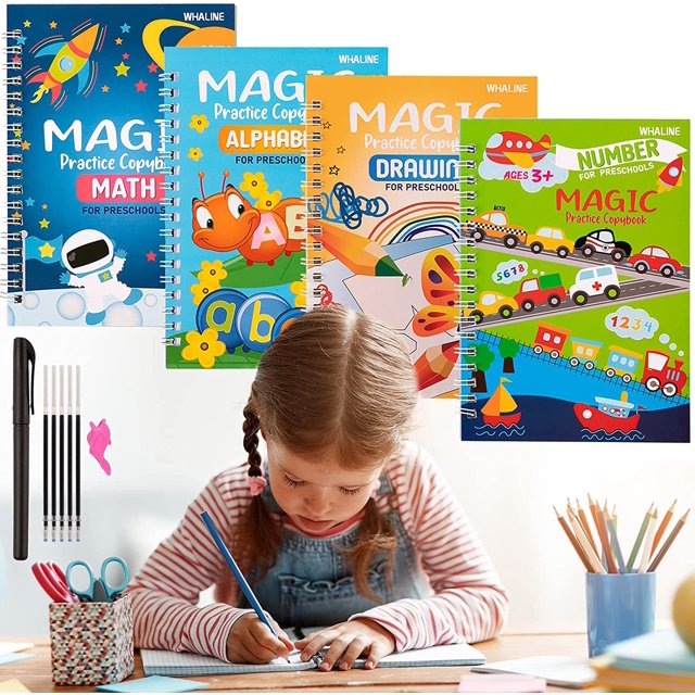 4 Pcs Cahier d'Exercices de Magie avec Aide à la Prise, Recharges de Stylos, Mathématiques et Dessin, Alphabet et Chiffres, Ensemble de Cahier de Calligraphie, Impression de Traçage Réutilisable, Écriture Manuscrite pour Enfants d'Âge Préscolaire