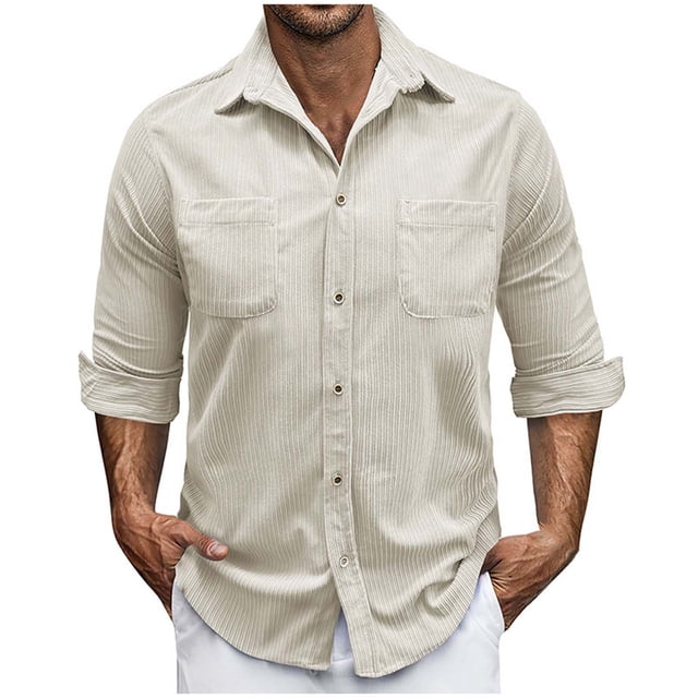 hotojiny Mens Corduroy Button down Shirts Shacket Vintage Textured Long Sleeve Jacket Lightweight Work Shirts with Pockets