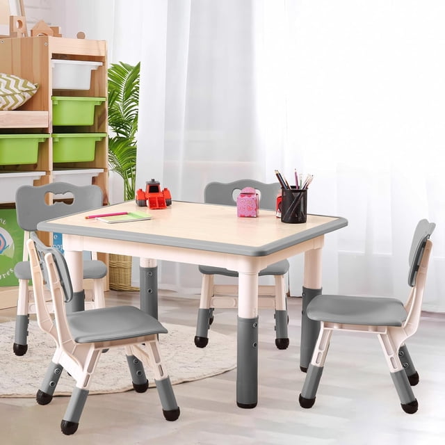 Ourlova Modern Kids Adjustable 31.5" Table and 4 Chair Set with Non-Slip Desk Legs & Graffiti Desktop Preschool Activity Kids Table Set