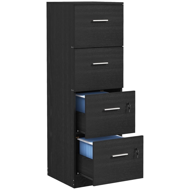 HOMCOM Classeur à 4 Tiroirs Armoire de Classement Verrouillable pour Formats A4 et Lettre en Noir avec Fini grain de Bois. Comprend Quatre Tiroirs, Deux d'Entre-Doigts Verrouillables avec Clés Inclus, et Barres de Suspension Ajustables pour Formats A4 et Lettre. l'Armoire Est Fabriquée en Panneau de Particules Enduit de Mélamine, a des Poignées Argentées, et Comprend un Dispositif Anti-Basculement avec Patins de Pieds pour la Sécurité. le Grand Dessus de Table Peut Accueillir des Imprimantes Ou des Décorations. Dimensions : 15,7 Pouces de Large, 16