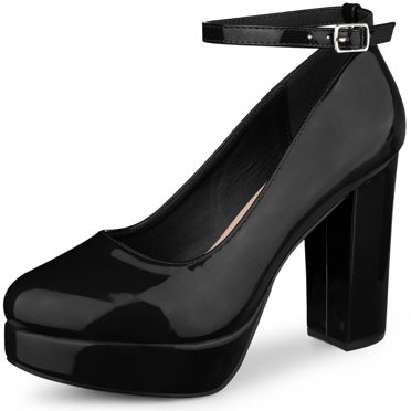 BLISSFUL STEP Escarpins à Talon Bloc pour Femmes Plateforme Bride à la Cheville Bout Rond Talon Noir 9