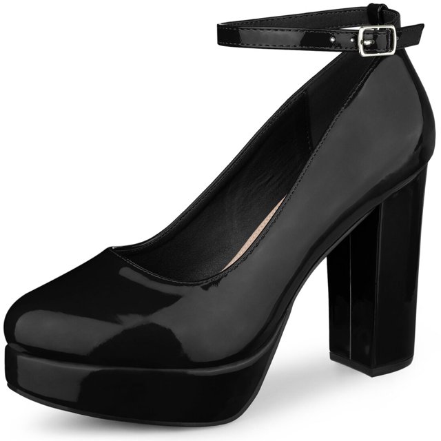 BLISSFUL STEP Escarpins à Talon Bloc pour Femmes Plateforme Bride à la Cheville Bout Rond Talon Noir 9