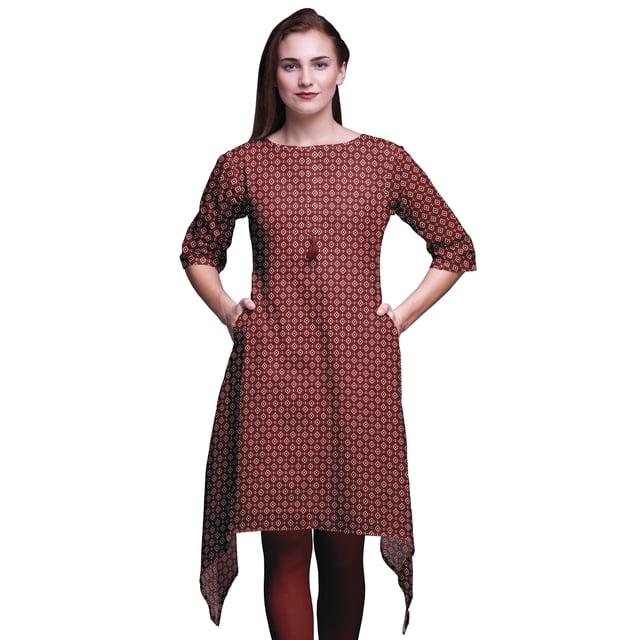 Bimba Hauts Imprimés Ikat Géométriques Rouges pour Femmes Kurti Asymétrique Robe d'Été pour Filles XX-Grand