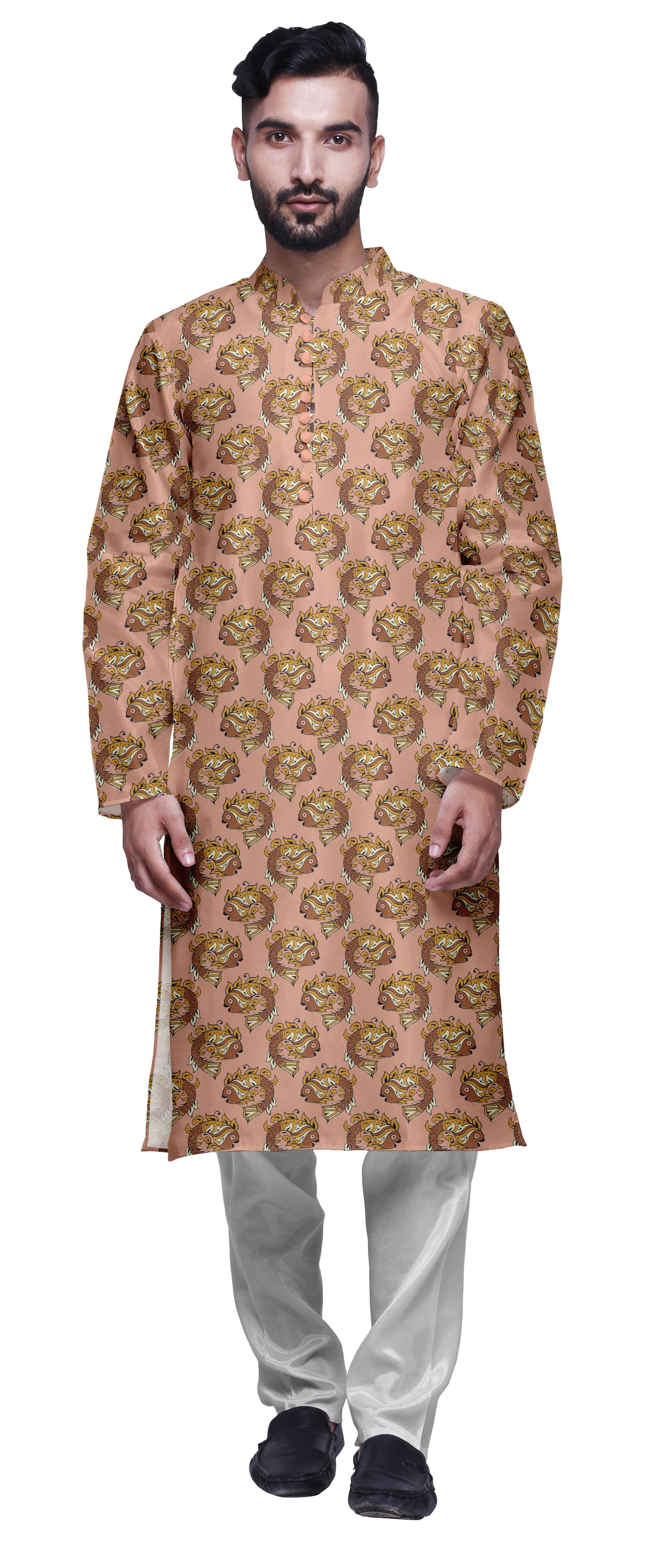 Atasi Printed Mens Kurta & White Churidar Pyjama Set Mandarin Neck Ethnic Wear