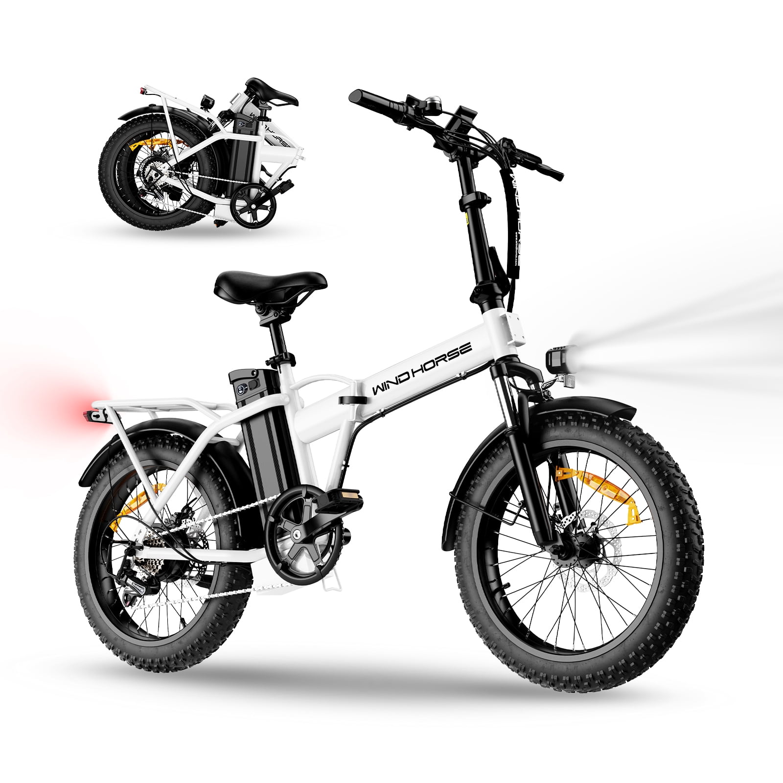 WINDHORSE W4A 20" Fat Tire Electric Bike for Adults, 20 mph, 40-70 Mile Range, Peak 983W Motor All-Terrain Foldable E-Bike with Rear Rack, Suspension, White
