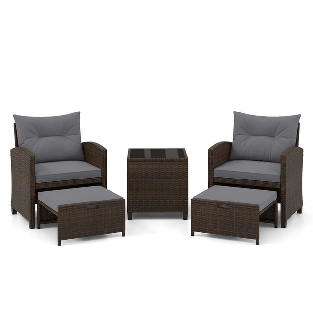 Gymax Set of 5 Rattan Furniture w/ 2 Wicker Ottomans & Tempered Glass Coffee Table Patio Gray