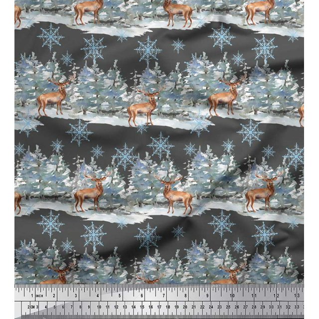 Soimoi Gray Moss Georgette Fabric Reindeer & Snowflakes Tree Print Sewing Fabric Yard 42 Inch Wide