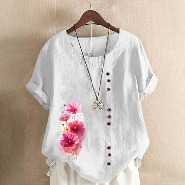 Liquidation d'Économies d'Été Iumwxz Blouses Décontractées Coupe Ample Grande Taille Chemises à Boutons Ornementaux pour Femmes Blouse Graphique Florale Manches Courtes Col Rond Tuniques Hauts pour Femmes Cadeau de Vacances École