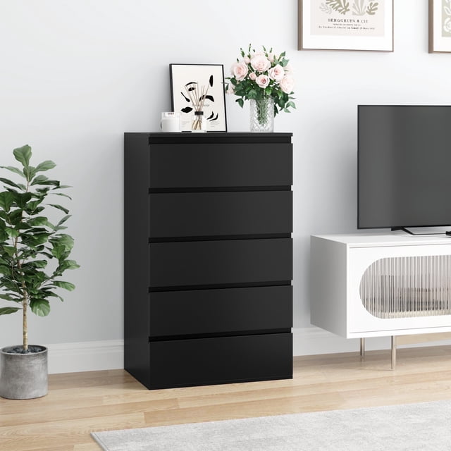 Homfa Commode Haute à 5 Tiroirs, Armoire de Rangement Moderne en Bois Table de Nuit pour Chambre à Coucher pour Salon, Noir