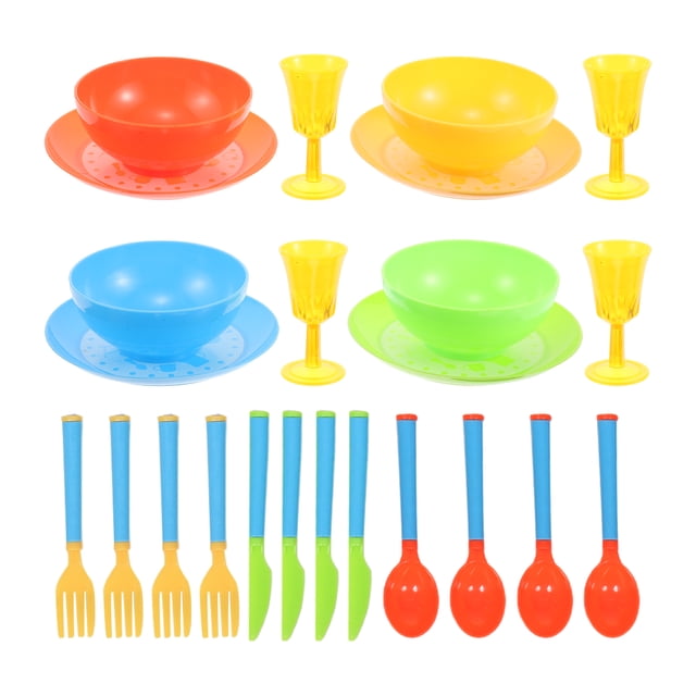 24 Pcs Kids Kitchen Accessories And Tea Set For Girls Toddler Play Kitchen Toy Dish Plates Utensils Dinnerware Set Pretend Play Present. The set includes colorful plastic bowls, plates, utensils, and cups in vibrant shades of orange, yellow, green, and blue. Designed for imaginative play, it fosters creativity and social skills, making it ideal for tea parties and pretend kitchen activities. Safe and durable, suitable for home, kindergartens, and daycare centers.