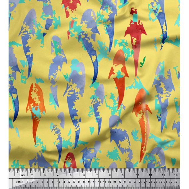 Soimoi Yellow Modal Satin Fabric Fish Ocean Printed Fabric 1 Yard 42 Inch Wide