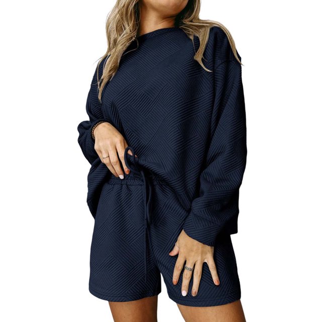Timegard Womens Sweatsuits 2 Piece Sets Long Sleeve Tops and Elastic Waisted Drawstring Shorts Running Gym Sets