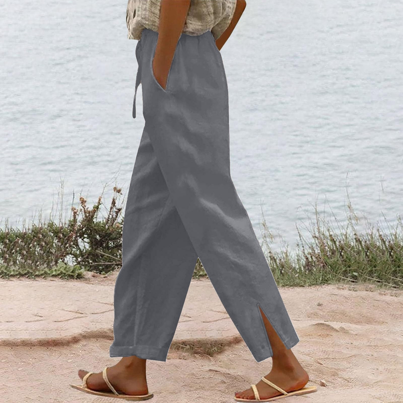 Women Casual Cotton Linen Drawstring Elastic Waist Long Wide Leg Pants