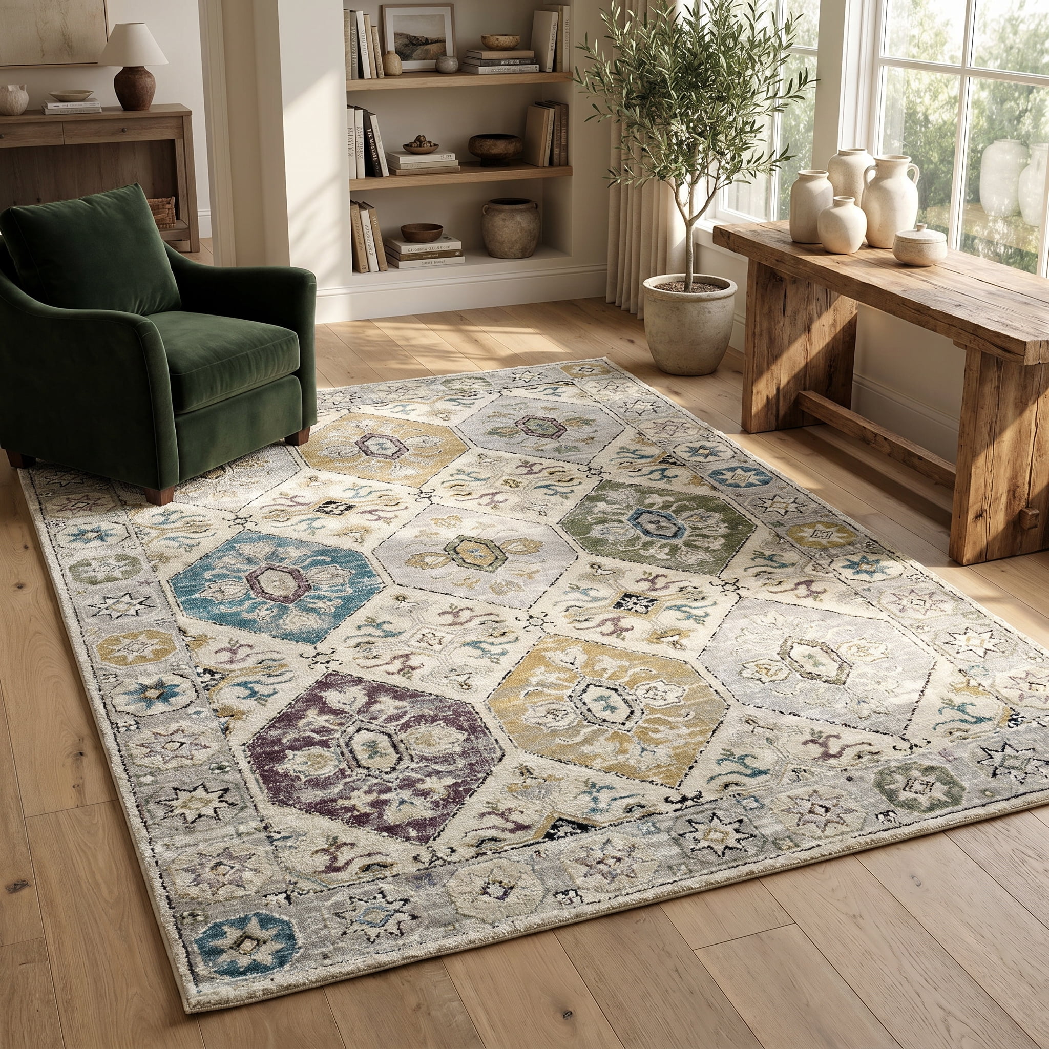 Tapis d'interieur vintage Rug Branch Nomad, beige gris, boheme - Salon, chambre, salle a manger et cuisine