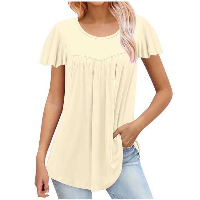FAIWAD Tunique d'Été pour Femme à Manches Courtes, Col Rond, T-Shirt Décontracté Plissé, Ample et Fluide