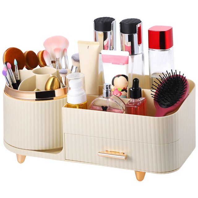 Makeup Organizer, 360° Rotatable Makeup Organizer, Rotating Makeup Case Box with Drawer, Large Capacity Cosmetic Display Case Skincare, Brushes, Eyeshadow, Lipstick
