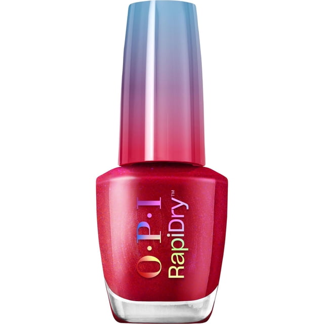 RapiDry™ Quick-Dry Nail Lacquer by OPI in red shimmer with a gradient blue to pink cap, featuring a Speedy Rush Brush for fast application and quick-dry formula that delivers smudge-proof nails in 60 seconds and up to five days of wear.
