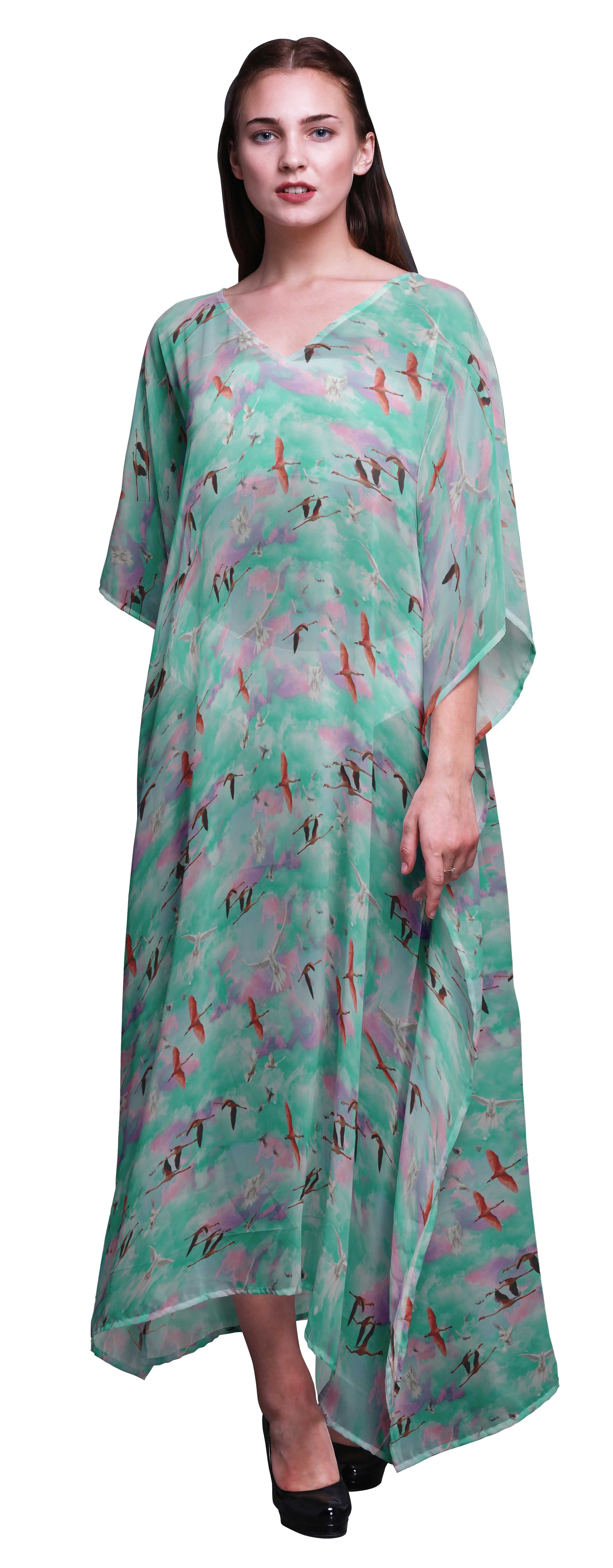 Bimba Caftan de Plage à Oiseaux, Paréo de Bikini, Robe Maxi pour Femmes, Long Caftan-S-L