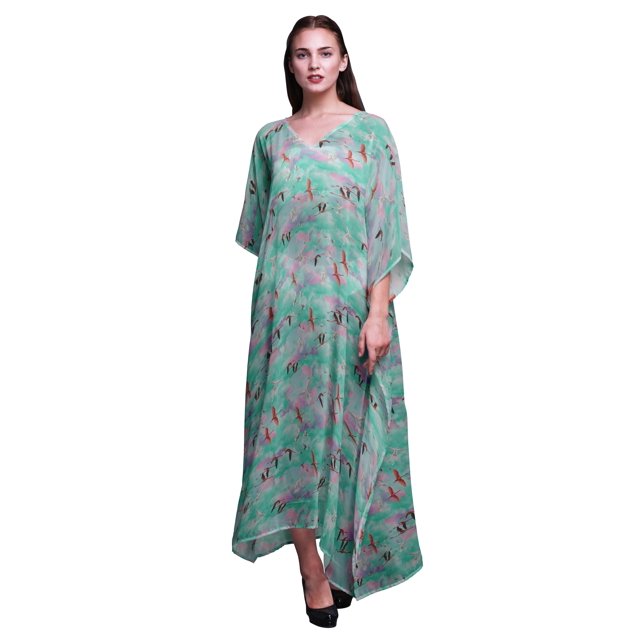 Bimba Caftan de Plage à Oiseaux, Paréo de Bikini, Robe Maxi pour Femmes, Long Caftan-S-L