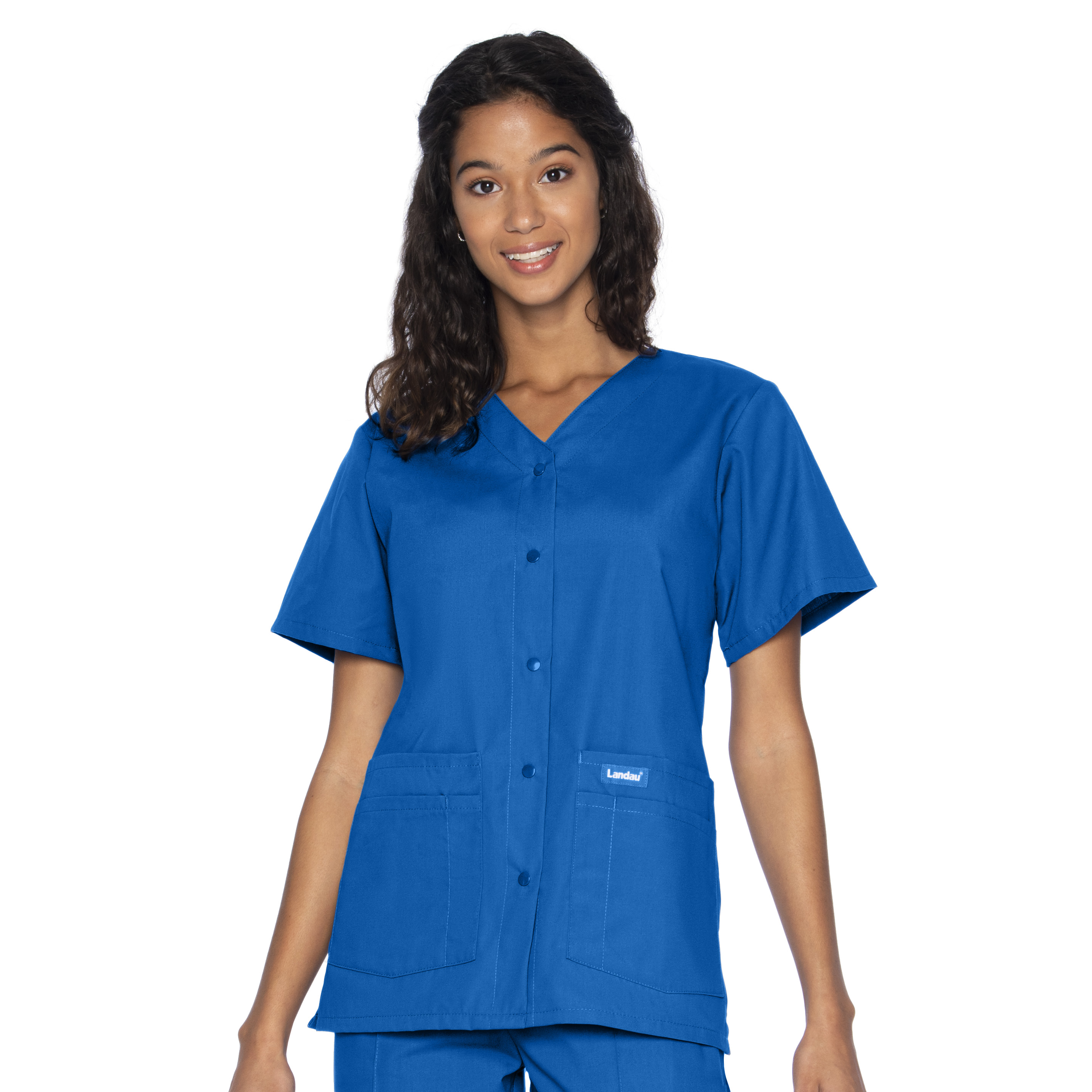 Landau Essentials Women's Snap Front Scrub Top, Classic Relaxed Fit, V-Neck, 4 Pockets