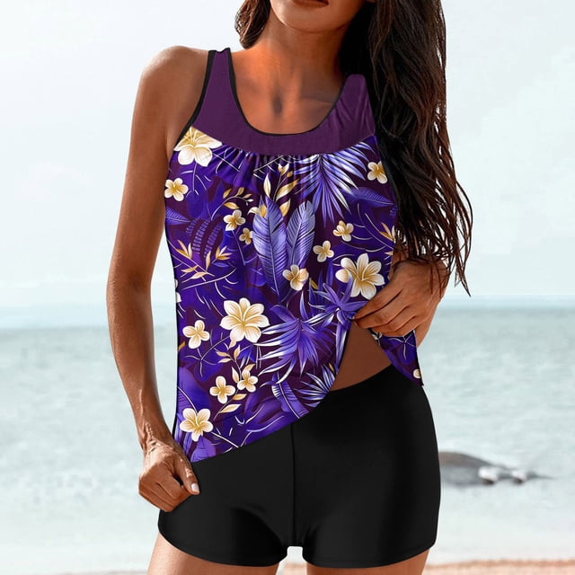 UPPADA Two Piece Tankini Swimsuits for Women High Waisted 2 Piece Bathing Suits Floral Print Tankini Set Tummy Control Modest Swimwear for Holiday Tankini Swimsuits Tops for Women Multicolor,L