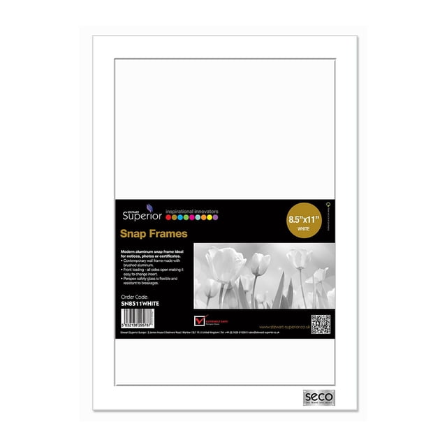 SECO Snap Poster Frame Case, 8.5 x 11 Inches, White, front-facing white anodized aluminum wall frame with snap-open design and black label showing product details and grayscale tulip image, ideal for notices or photos with quick poster changes and durable powder-coated finish.