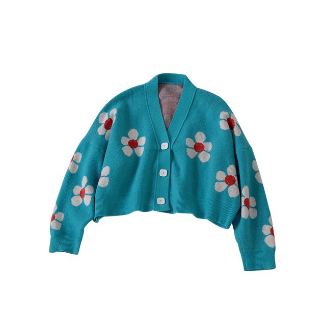 Kmbangi Women Loose Knitwear, Flower Pattern Long Sleeve V-neck Button Down Cardigan